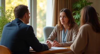 Lawyer mediating a family law discussion in an empathetic setting