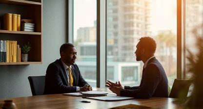 Attorney consulting an injured client in a modern office