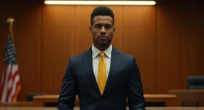 Tangisy attorney standing confidently in a US courtroom representing a client